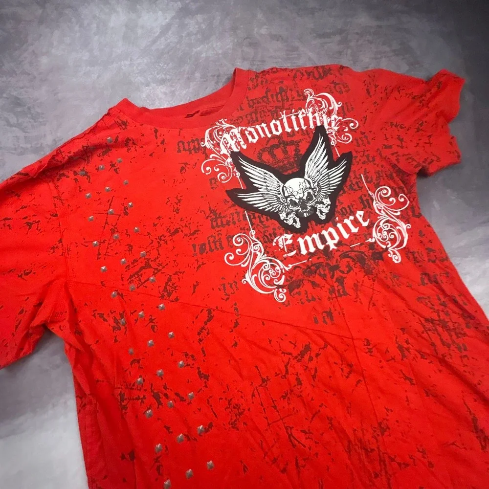 Monolithic Empire Red Graphic Tee Vintage Y2K Skulls Studded Biker Shirt Large